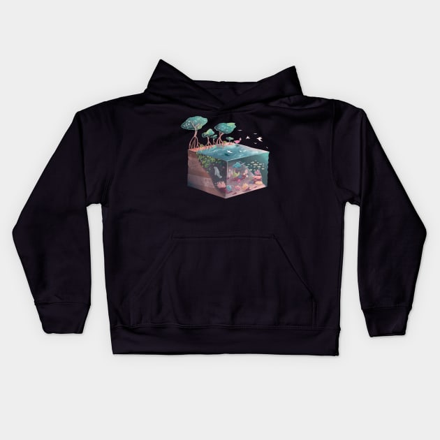 Isometric Coral Reef and Mangrove Ecosystem Kids Hoodie by narwhalwall